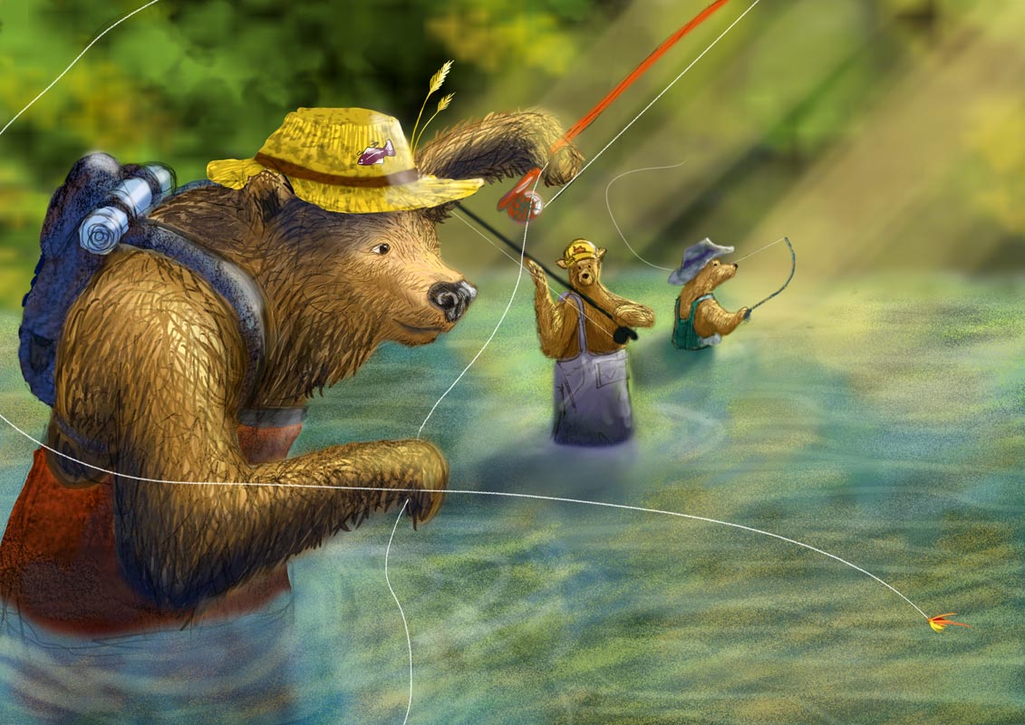 Fly fishing brown bear – Mia Nerdrum Illustration